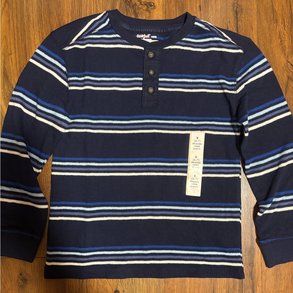 Cat & Jack Boys' Long Sleeve Relaxed Fit Striped Henley Shirt - Navy Blue S - Picture 4 of 4